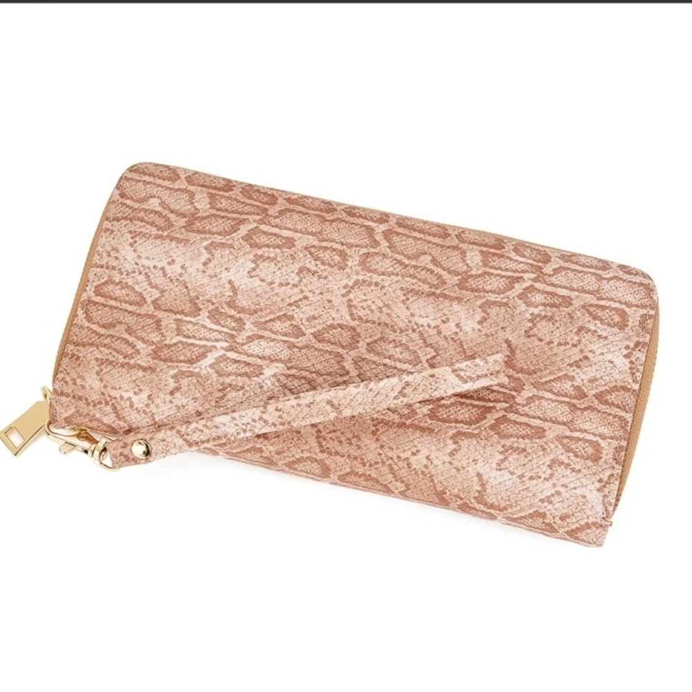 WOZEAH RFID Blocking PU Leather Zip Around Wallet Clutch Faux Snake Cuban Sand